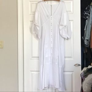 White semi sheer peep hem button down maxi/midi dress